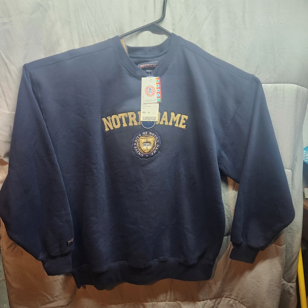 Vintage Notre Dame Crewneck NWT XL Y2K Jansport USA 2004 Reverse Weave Blue